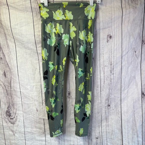 Athleta Elation 7/8 Tight Yoga Olive Green Floral Roses Yellow Small - Picture 1 of 7